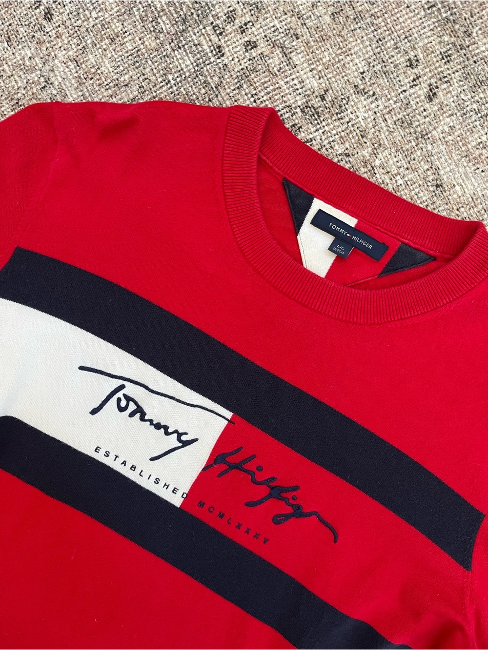 Tommy Hilfiger Red Navy White Striped Spellout Logo Crewneck Sweater L